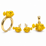 Boxfish Jewelry Set, Yellow Hand-Painted Enamel Pendant, Stud Earrings and Adjustable Ring