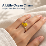 Boxfish Jewelry Set, Yellow Hand-Painted Enamel Pendant, Stud Earrings and Adjustable Ring