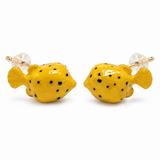 Boxfish Jewelry Set, Yellow Hand-Painted Enamel Pendant, Stud Earrings and Adjustable Ring