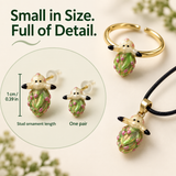 Sheep Nudibranch Jewelry Set, Hand-Painted Enamel Pendant, Stud Earrings and Adjustable Ring