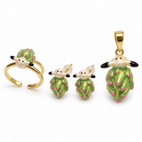 Sheep Nudibranch Jewelry Set, Hand-Painted Enamel Pendant, Stud Earrings and Adjustable Ring