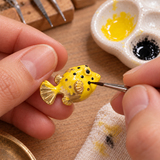 Boxfish Jewelry Set, Yellow Hand-Painted Enamel Pendant, Stud Earrings and Adjustable Ring