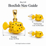 Boxfish Jewelry Set, Yellow Hand-Painted Enamel Pendant, Stud Earrings and Adjustable Ring